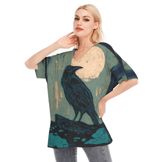 Moss Wood Raven Blouse Cotton Womens Shirt Whimsigoth Crow Crowcore Cottage Gothic Bird Top