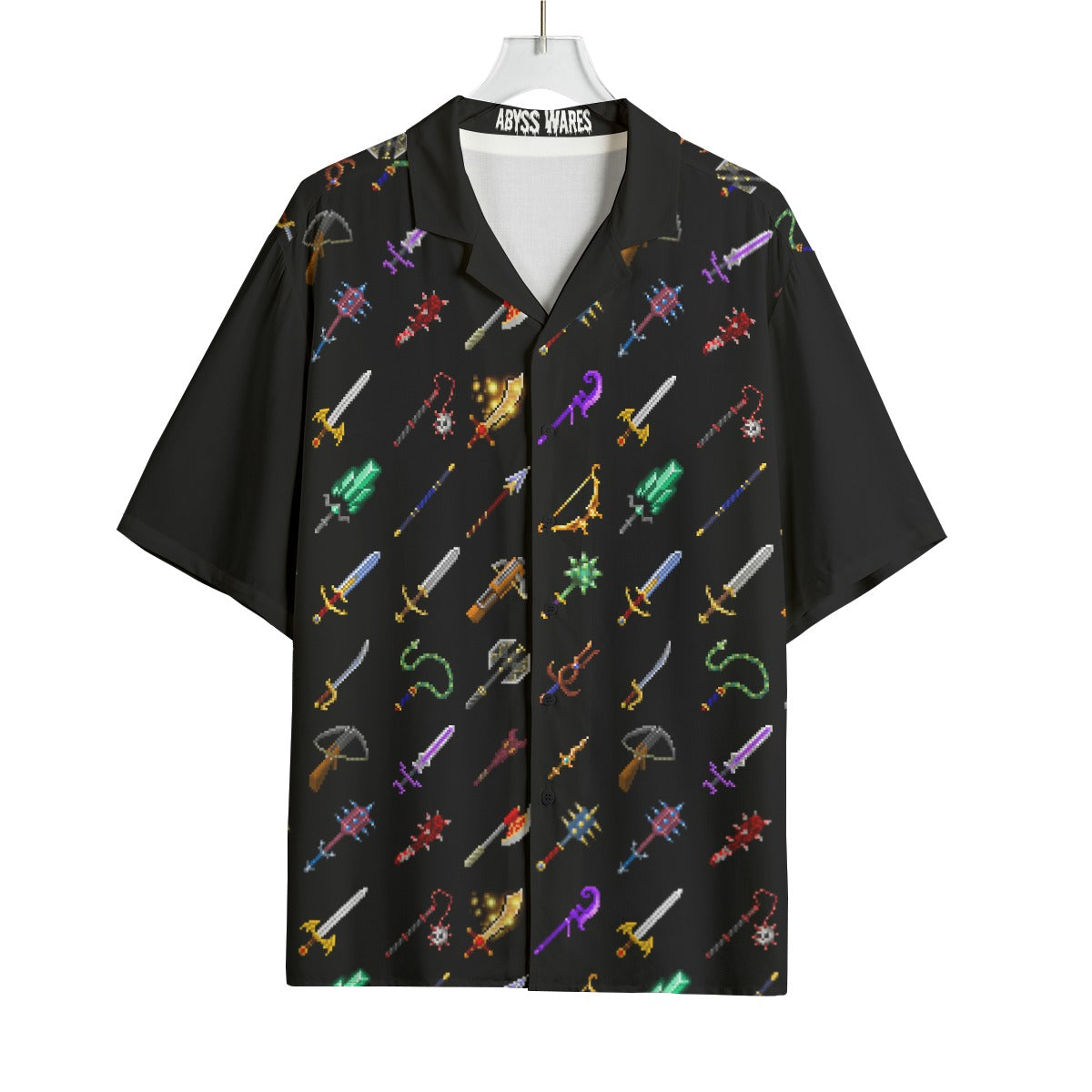 8bit Fantasy Swords Dress Shirt Rayon Bowling Shirt Geeky Gamer Fashion Dungeon Crawl RPG Graphics