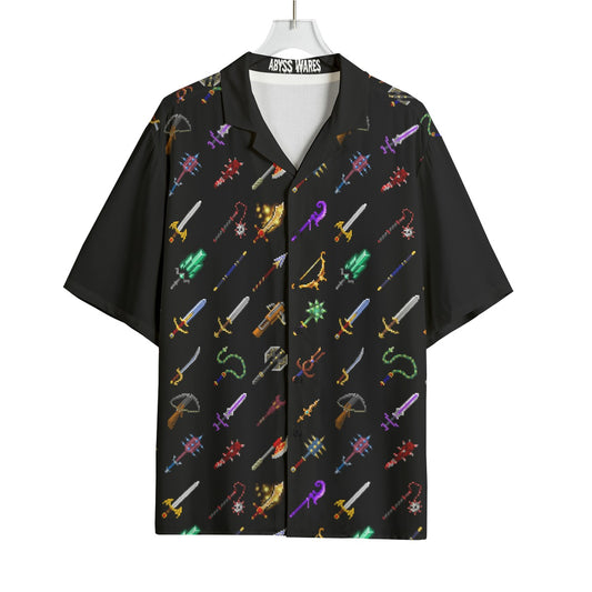 8bit Fantasy Swords Dress Shirt Rayon Bowling Shirt Geeky Gamer Fashion Dungeon Crawl RPG Graphics