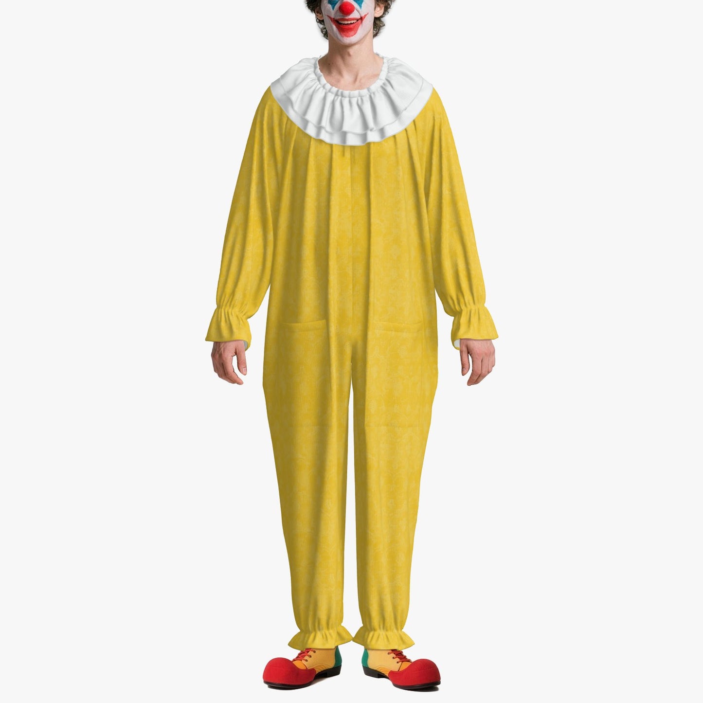 Circus Coveralls Yellow Citrine Damask clown suit, on-model view