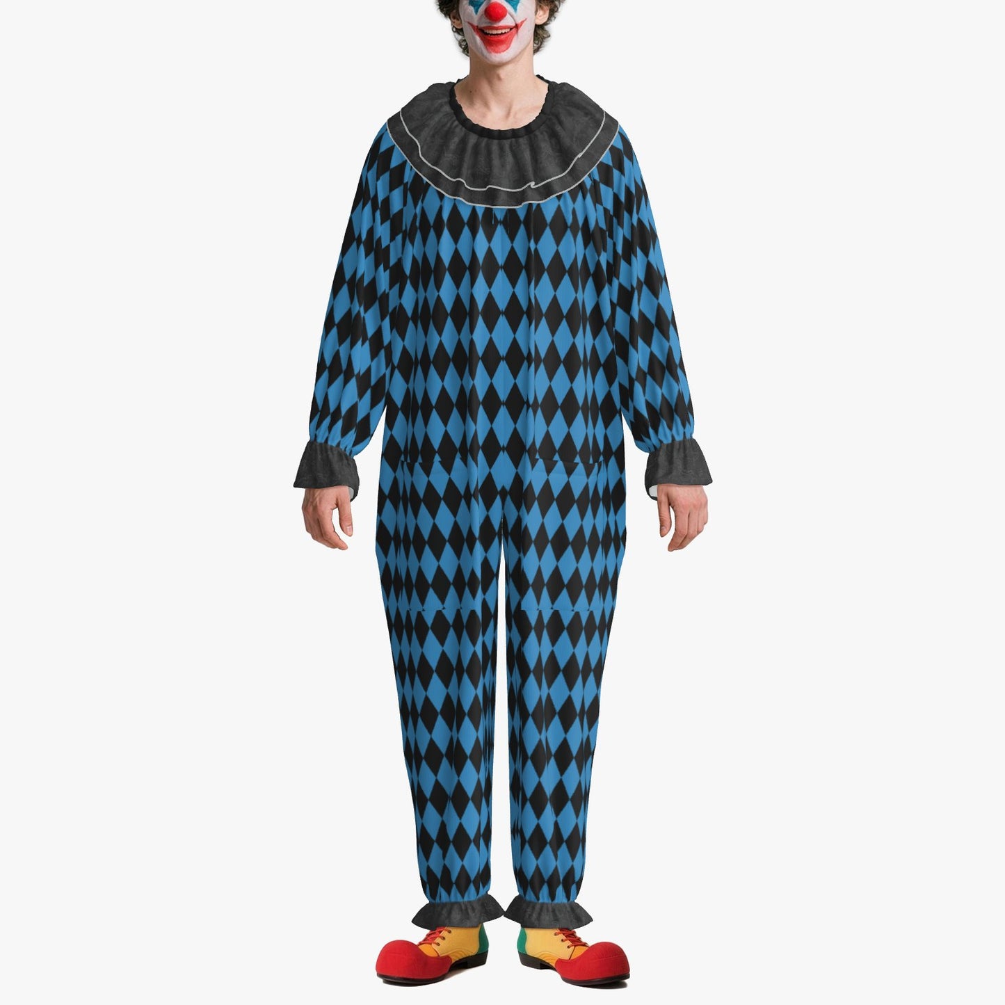 Circus Coveralls Black n Blue Harlequin Diamond clown suit, on-model view