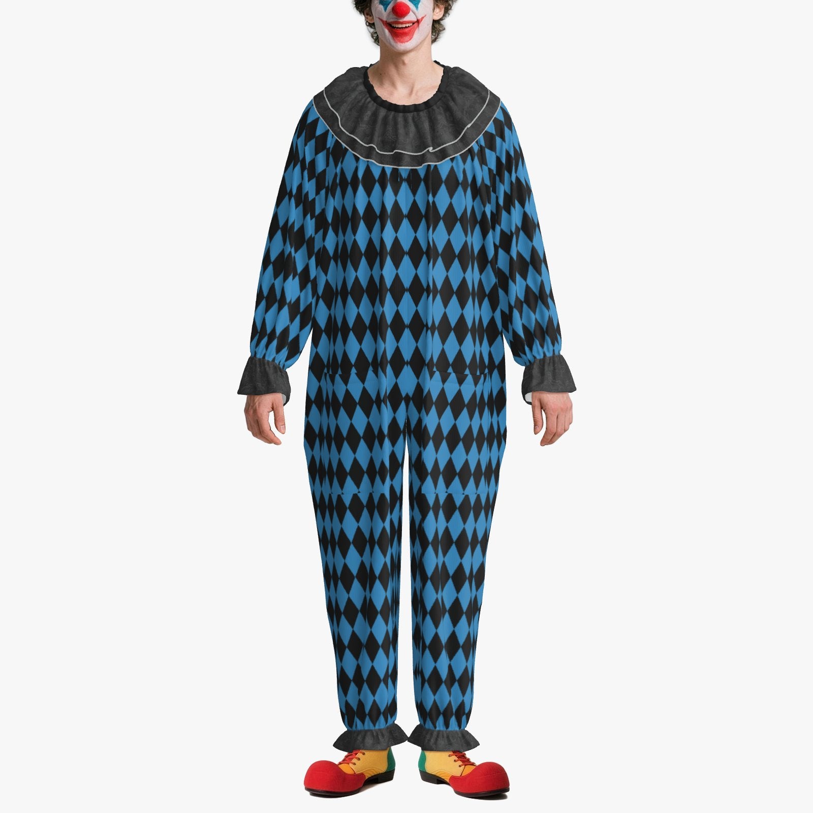 Circus Coveralls Black n Blue Harlequin Diamond clown suit, on-model view