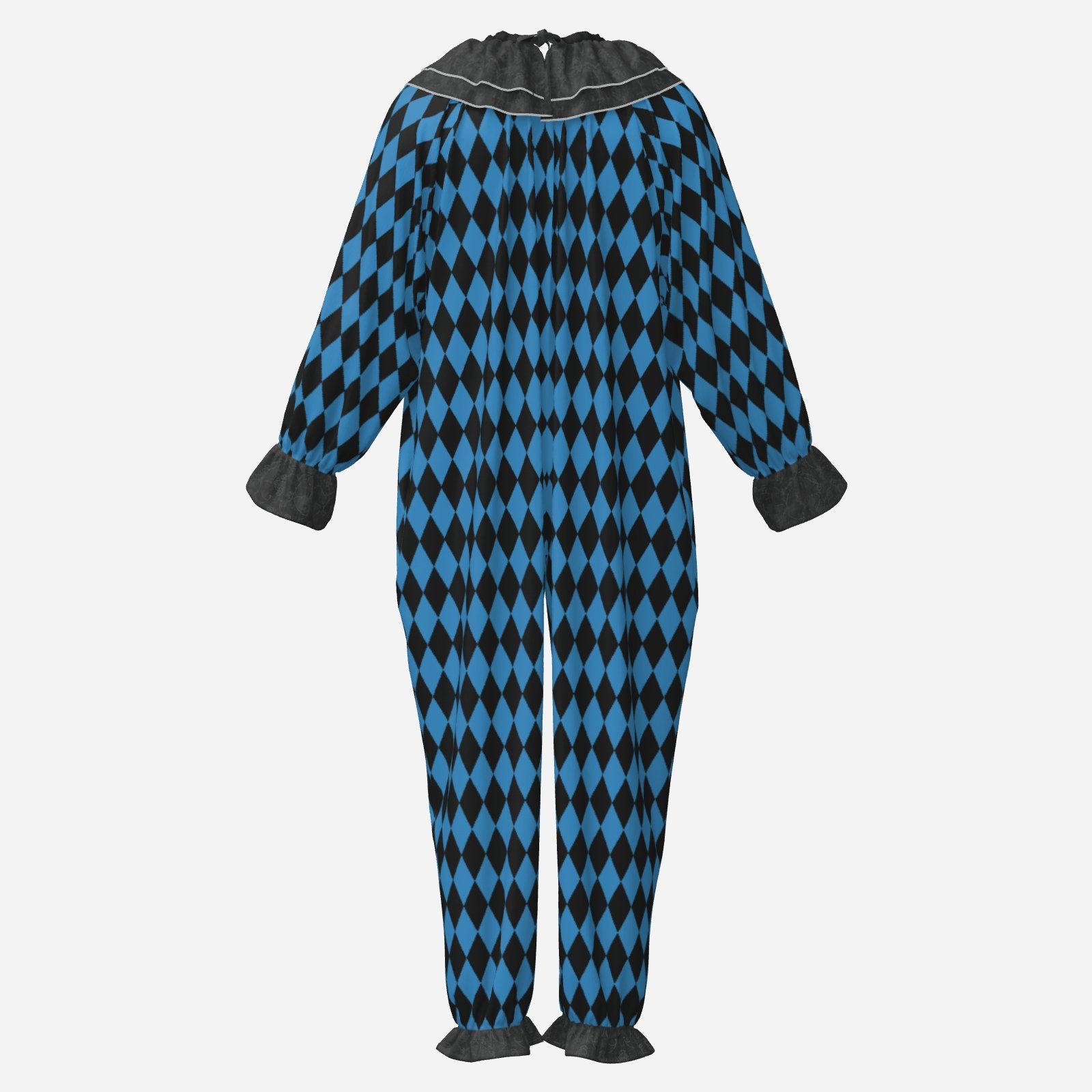Circus Coveralls Black n Blue Harlequin Diamond clown suit, ghost mannequin back view