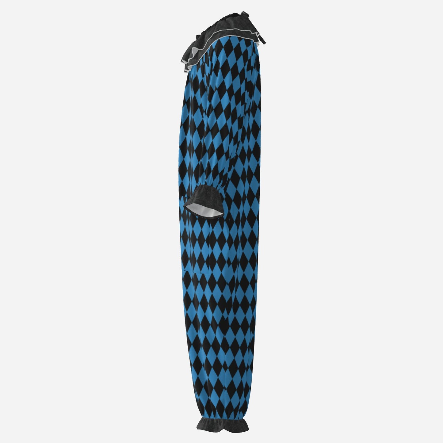 Circus Coveralls Black n Blue Harlequin Diamond clown suit, side view