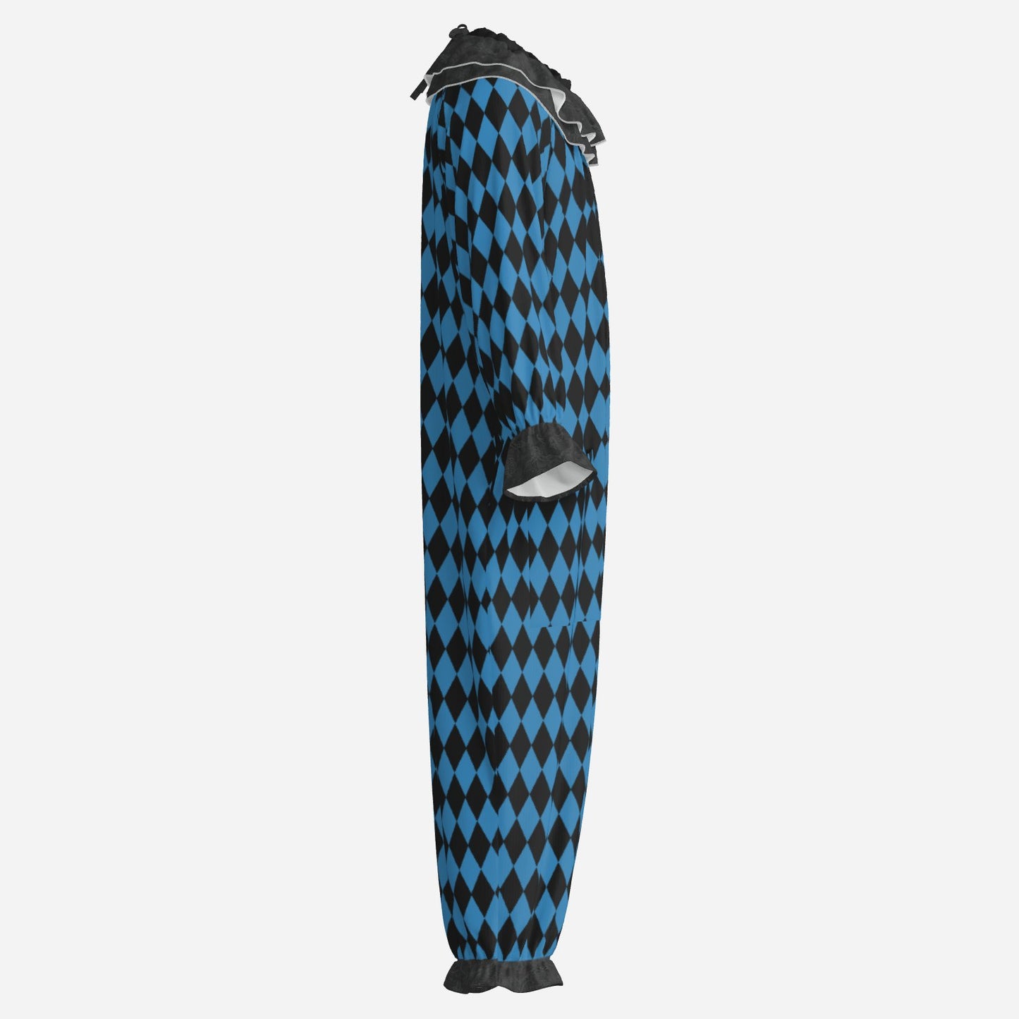 Circus Coveralls Black n Blue Harlequin Diamond clown suit, side view