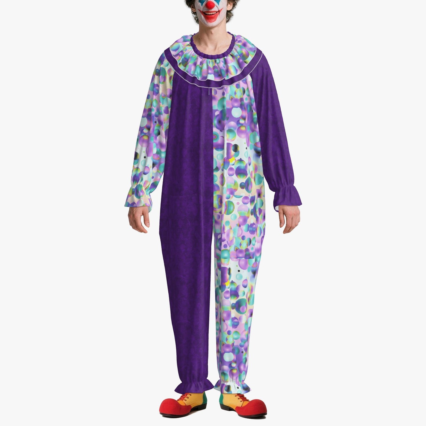 Circus Coveralls Bubblewave Purple Damask clown suit, on-model view