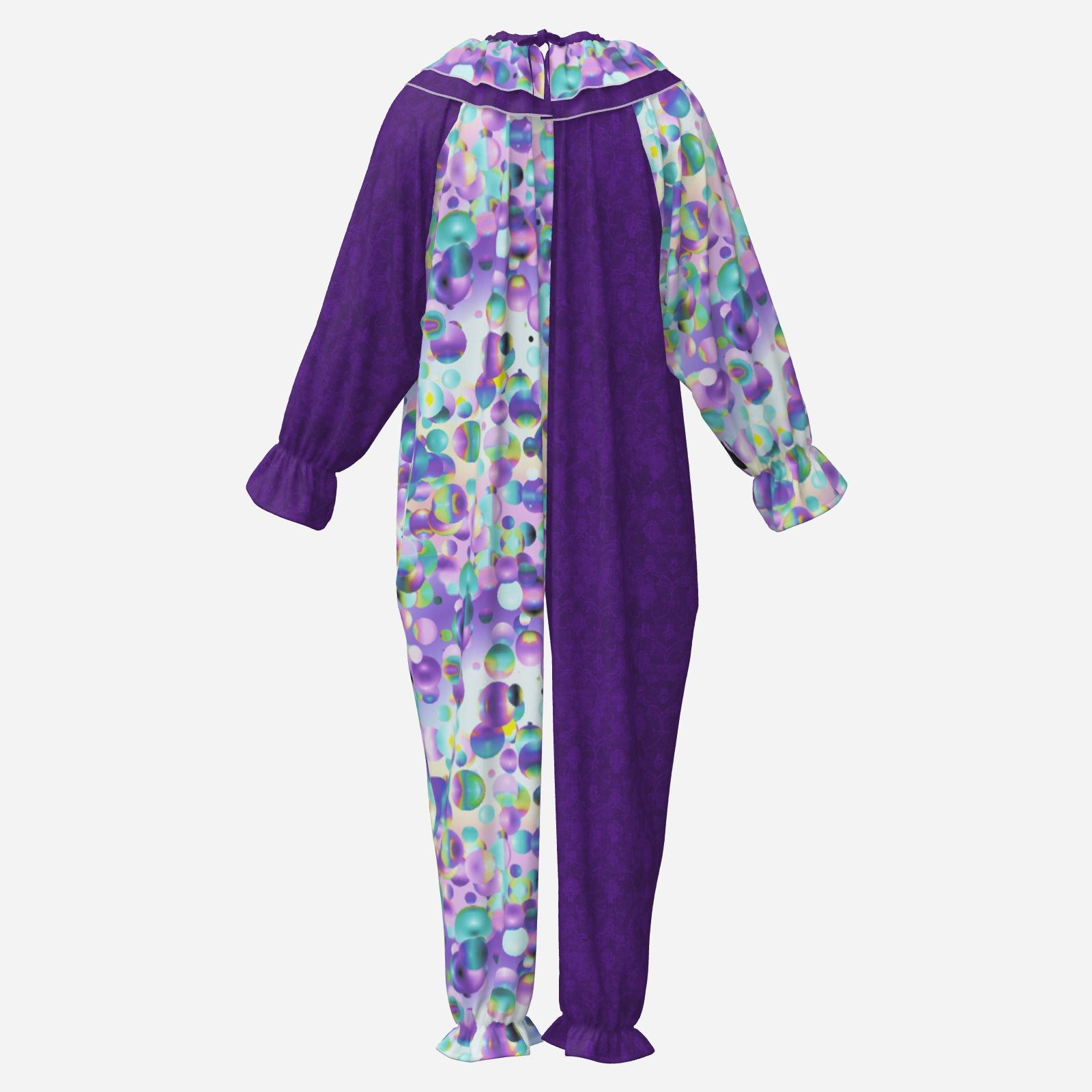 Circus Coveralls Bubblewave Purple Damask clown suit, ghost mannequin back view
