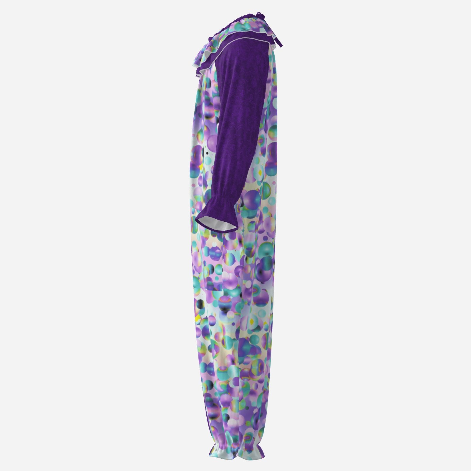 Circus Coveralls Bubblewave Purple Damask clown suit, side view