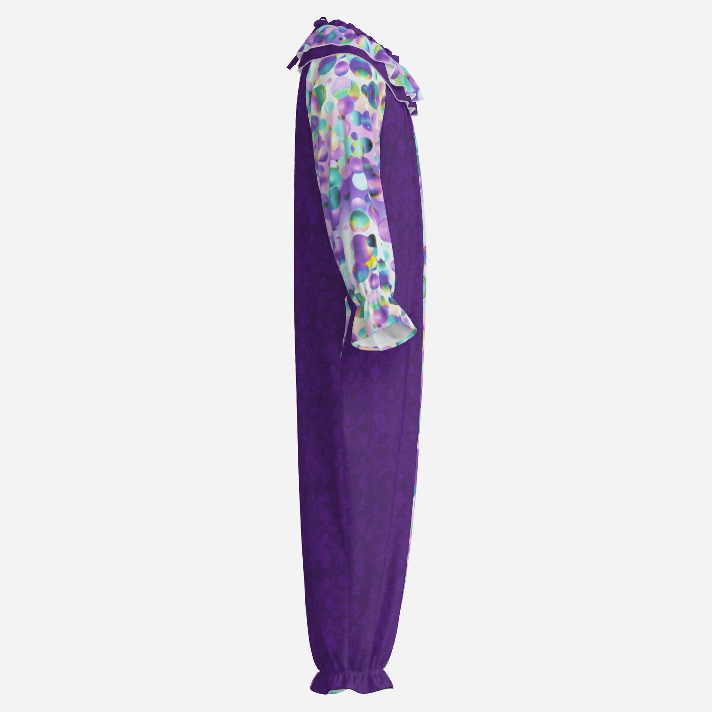 Circus Coveralls Bubblewave Purple Damask clown suit, side view