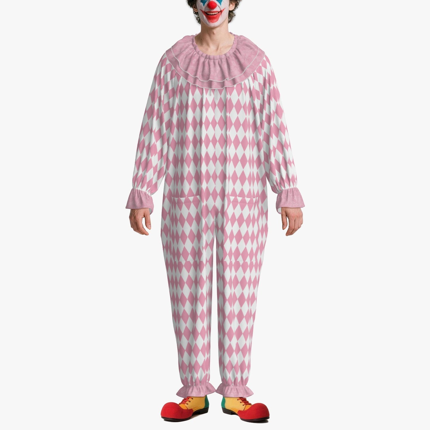 Circus Coveralls Rosy Pink White Harlequin Pastel clown suit, on-model view