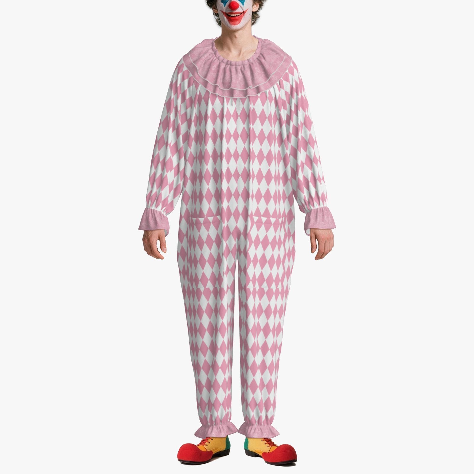 Circus Coveralls Rosy Pink White Harlequin Pastel clown suit, on-model view