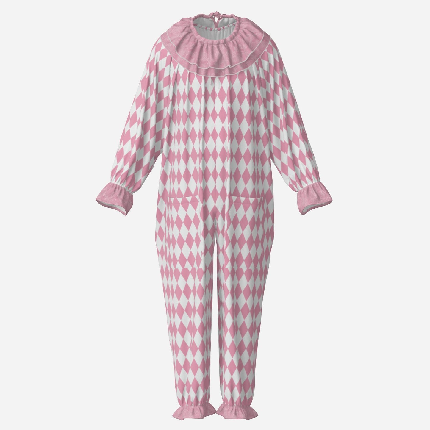 Circus Coveralls Rosy Pink White Harlequin Pastel clown suit, ghost mannequin front view