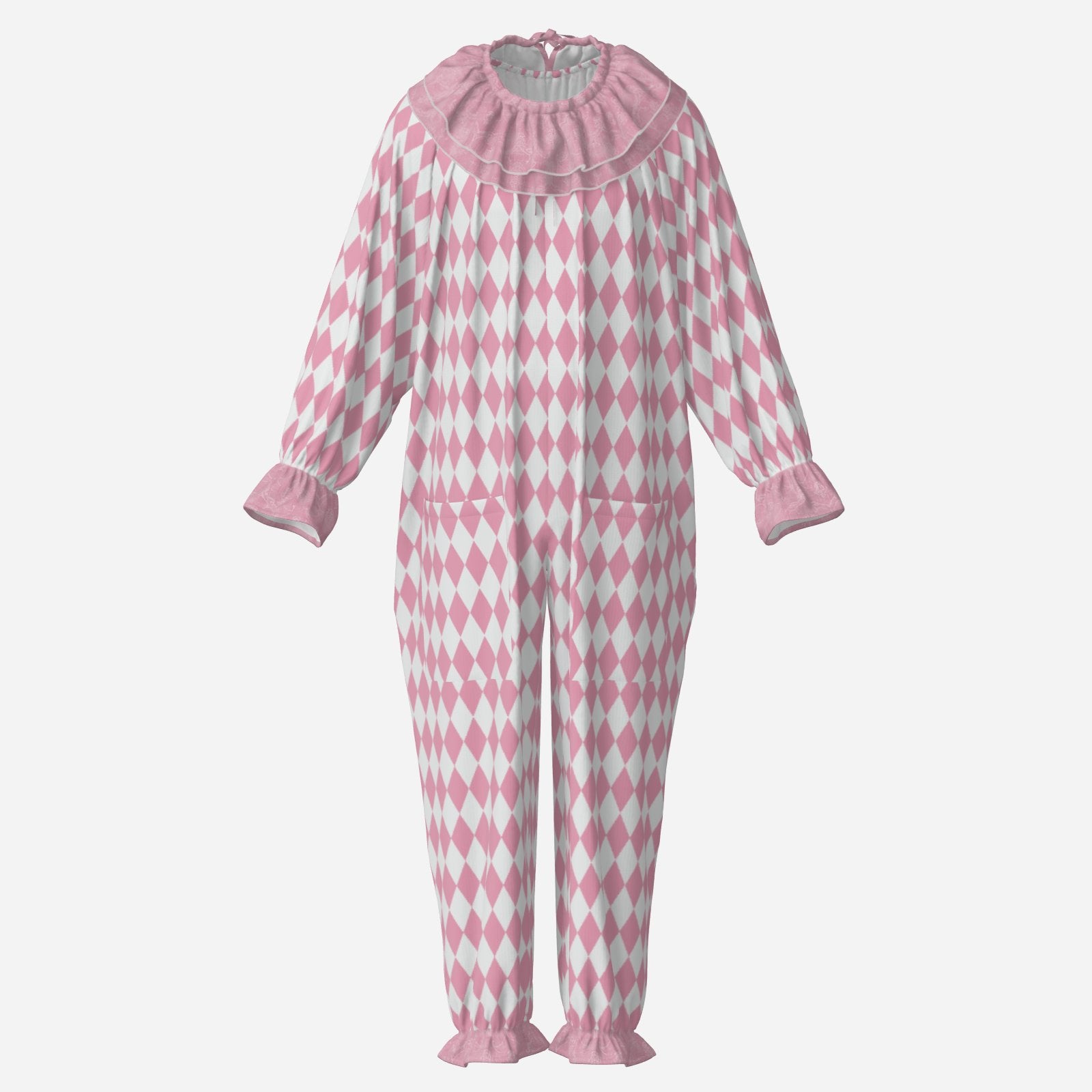 Circus Coveralls Rosy Pink White Harlequin Pastel clown suit, ghost mannequin front view