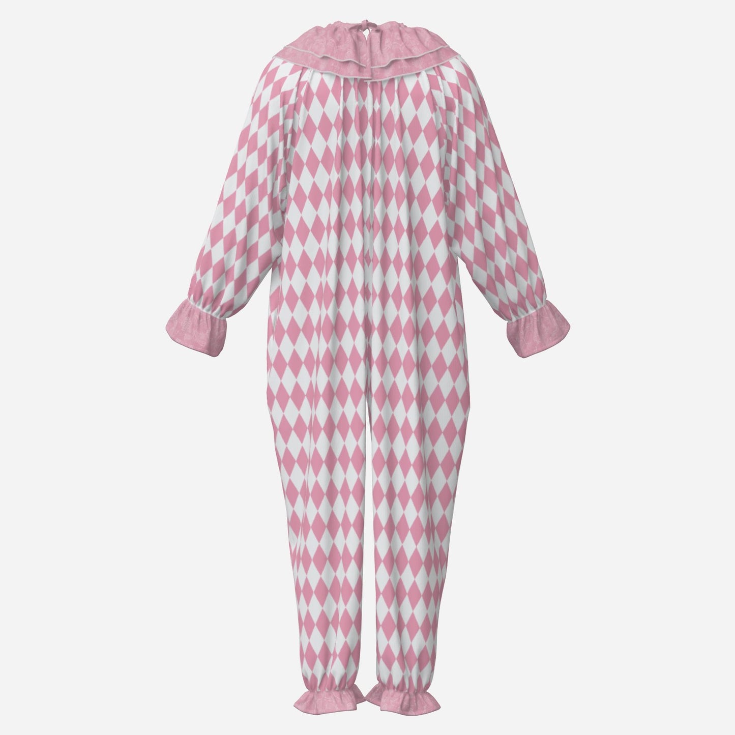 Circus Coveralls Rosy Pink White Harlequin Pastel clown suit, ghost mannequin back view