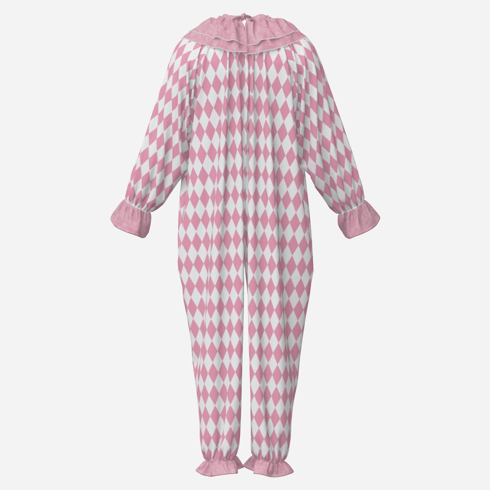 Circus Coveralls Rosy Pink White Harlequin Pastel clown suit, ghost mannequin back view