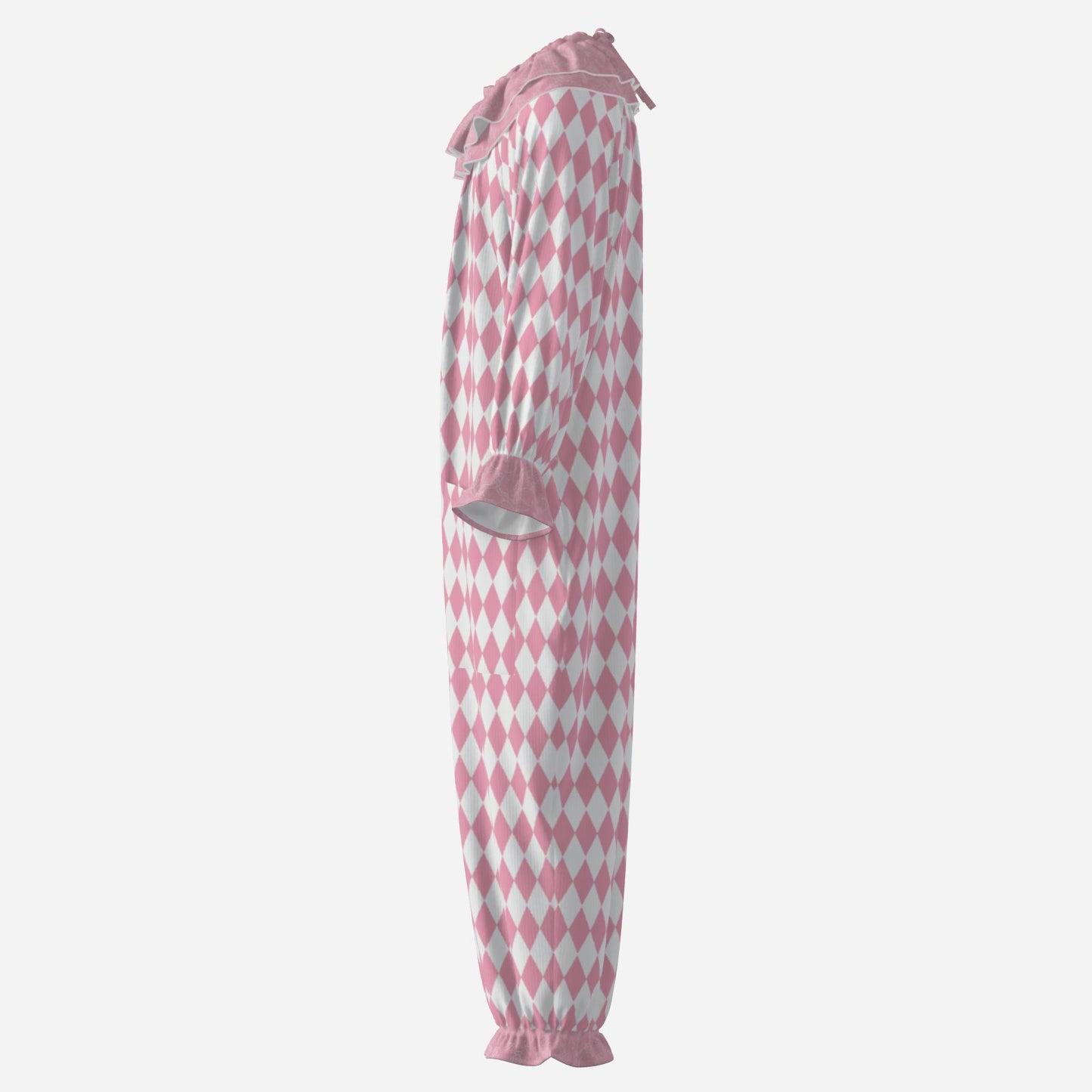 Circus Coveralls Rosy Pink White Harlequin Pastel clown suit, side view