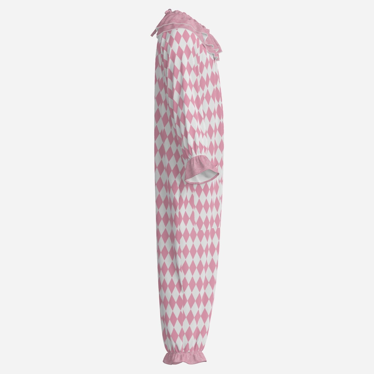 Circus Coveralls Rosy Pink White Harlequin Pastel clown suit, side view
