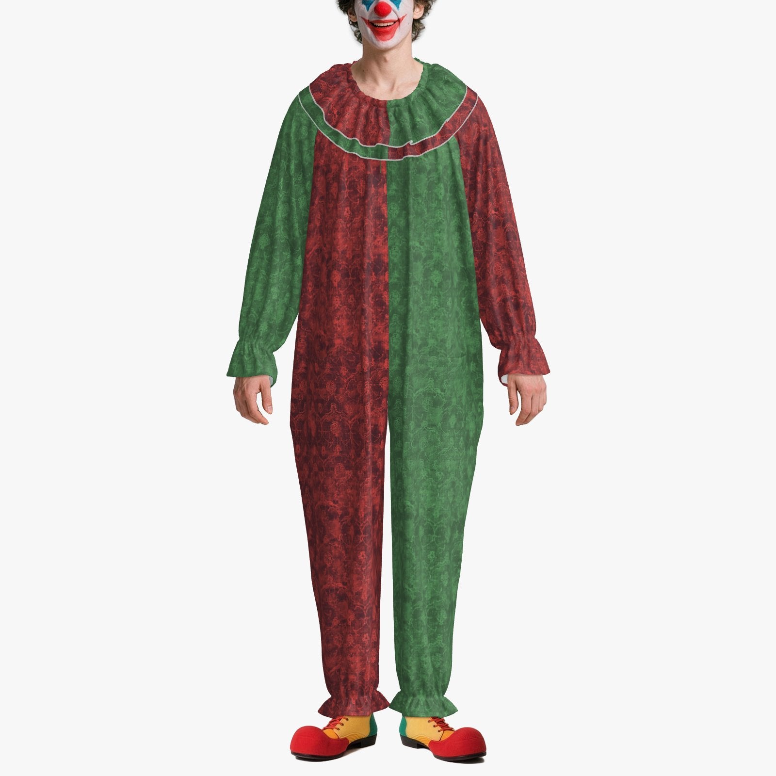 Circus Coveralls Christmas Damask Red Green clown suit, on-model view