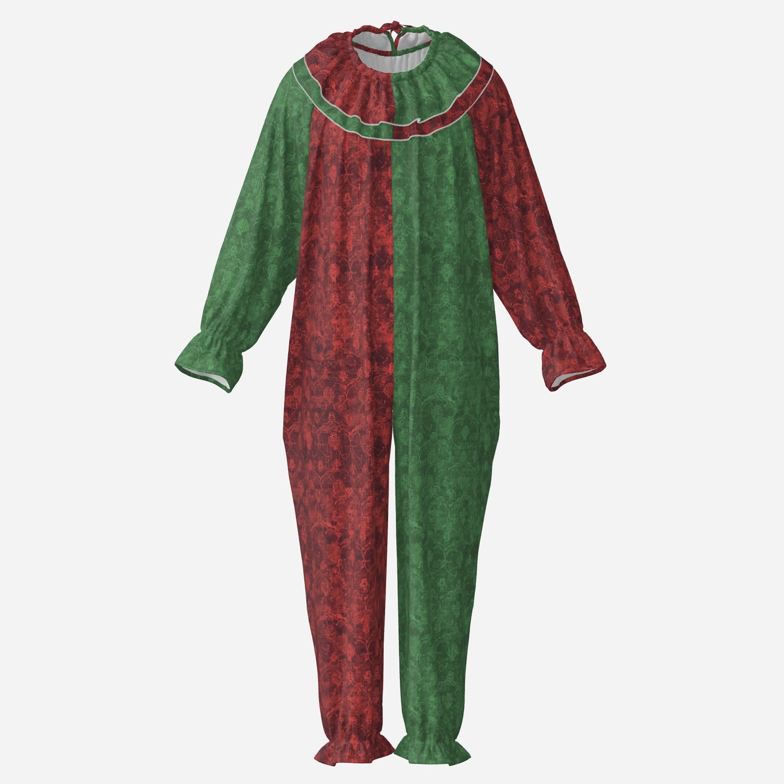 Circus Coveralls Christmas Damask Red Green clown suit, ghost mannequin front view