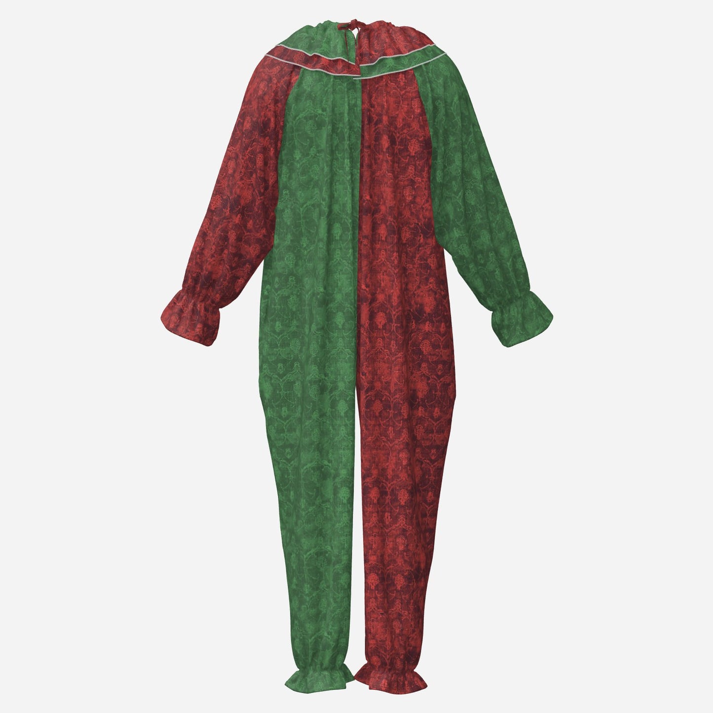 Circus Coveralls Christmas Damask Red Green clown suit, ghost mannequin back view