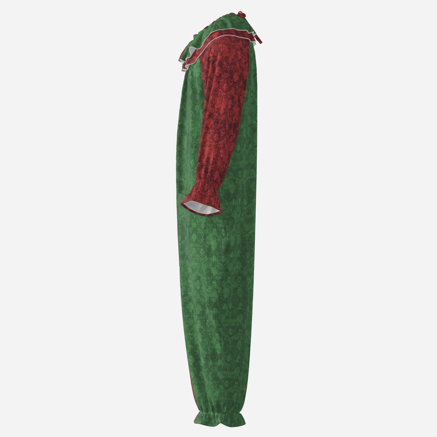 Circus Coveralls Christmas Damask Red Green clown suit, side view