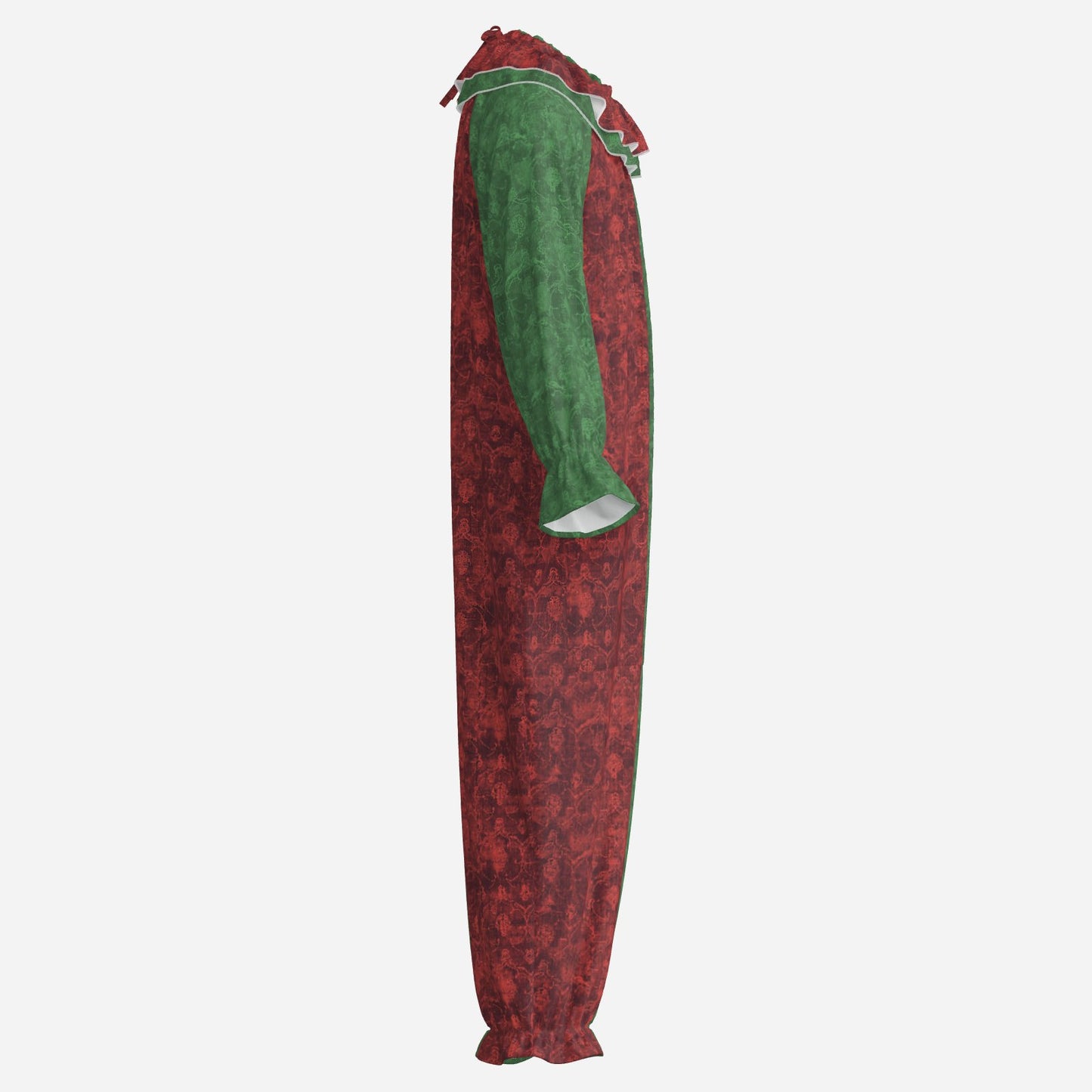 Circus Coveralls Christmas Damask Red Green clown suit, side view