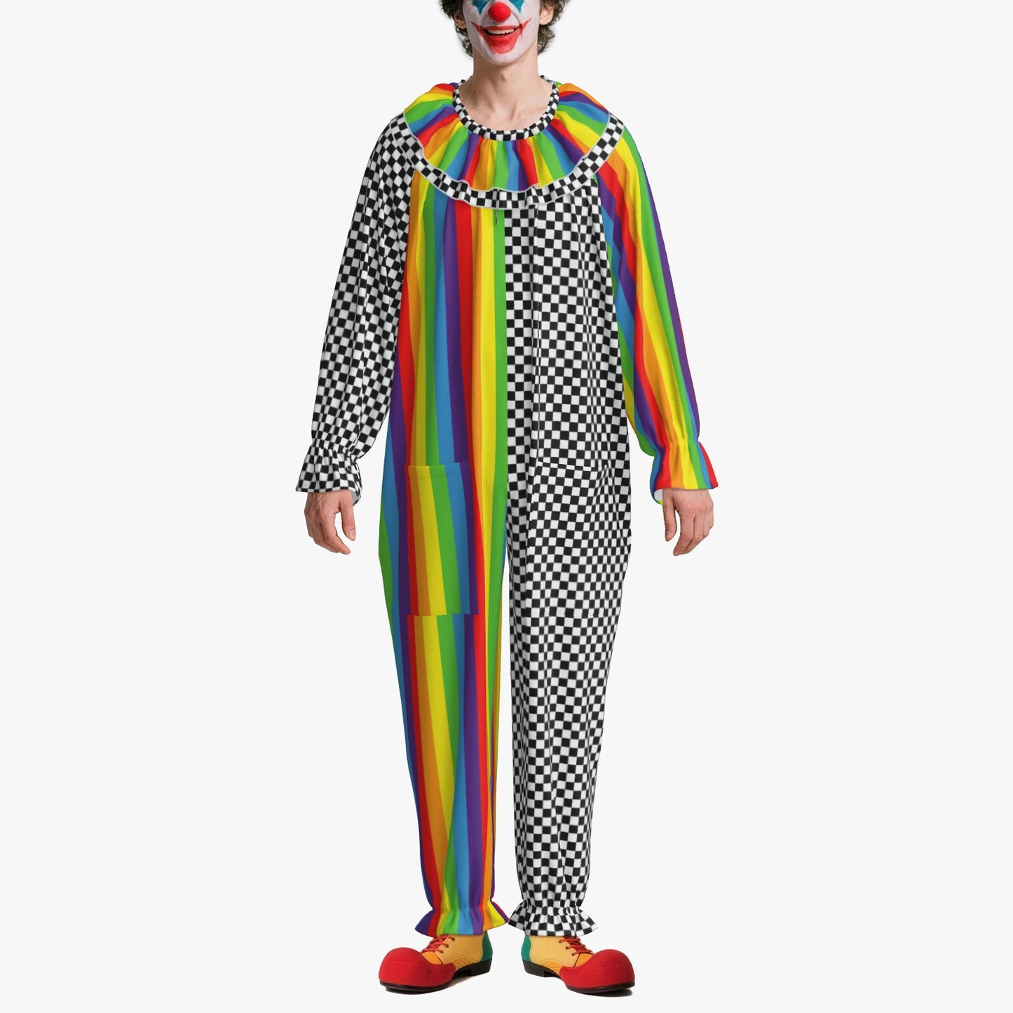 Circus Coveralls Rainbow Stripe Checker clown suit, on-model view
