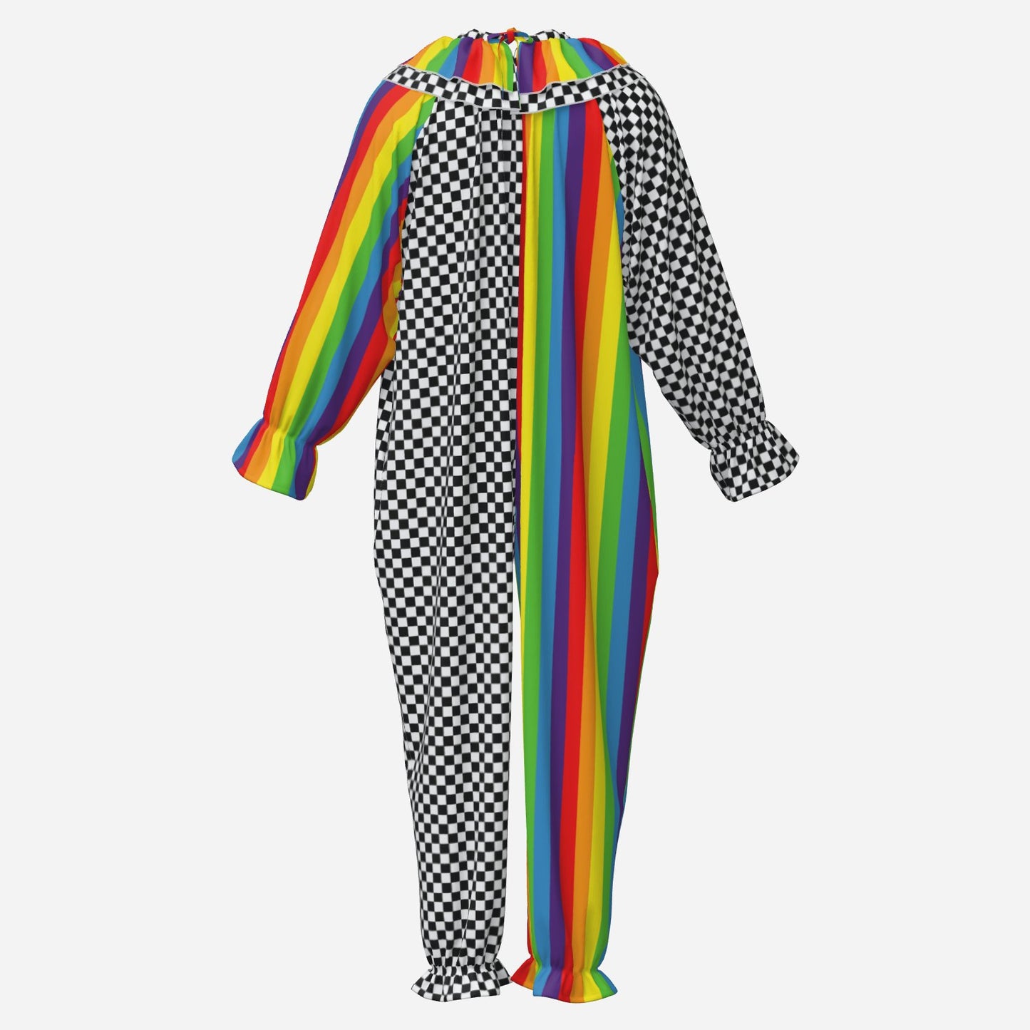 Circus Coveralls Rainbow Stripe Checker clown suit, ghost mannequin back view