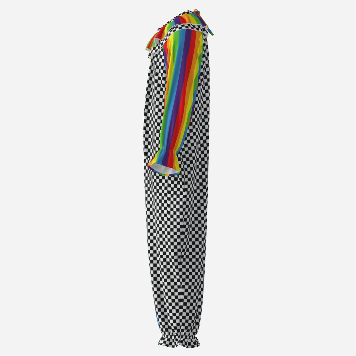 Circus Coveralls Rainbow Stripe Checker clown suit, side view
