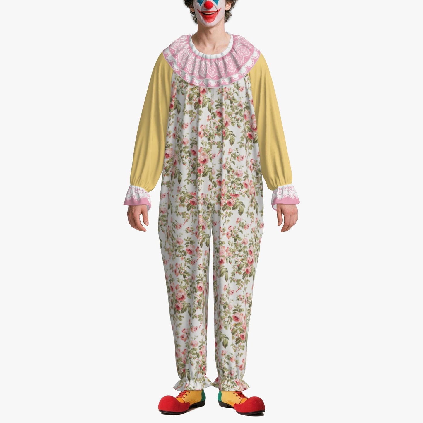 Circus Coveralls Grandma Rosy Pastel Pink Yellow Floral clown suit, on-model view