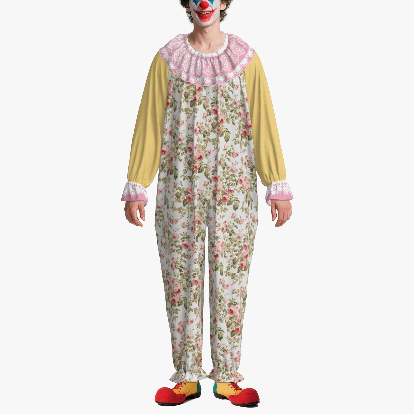 Circus Coveralls Grandma Rosy Pastel Pink Yellow Floral clown suit, on-model view