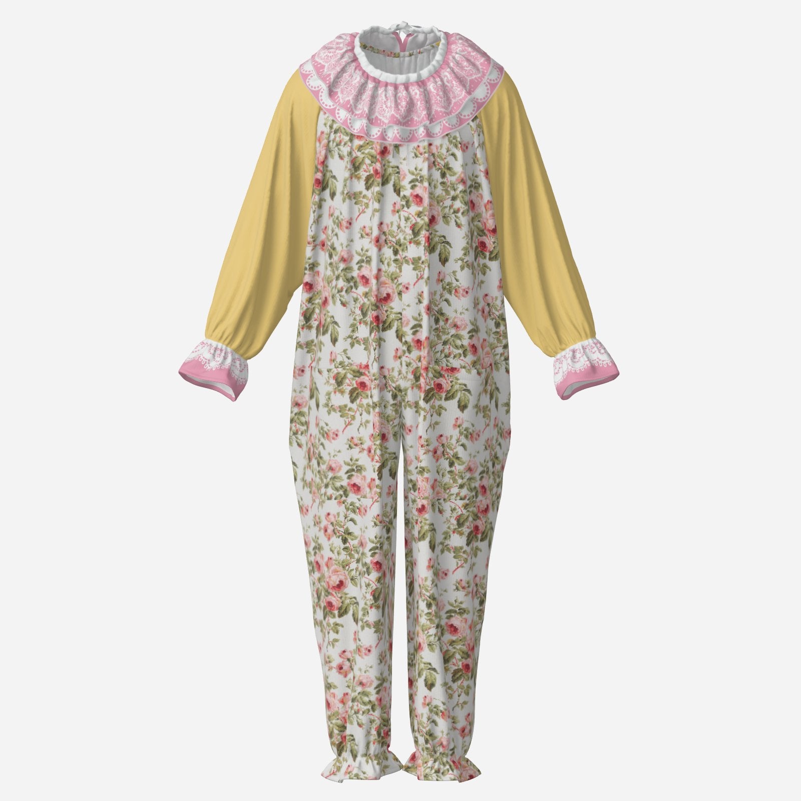 Circus Coveralls Grandma Rosy Pastel Pink Yellow Floral clown suit, ghost mannequin front view