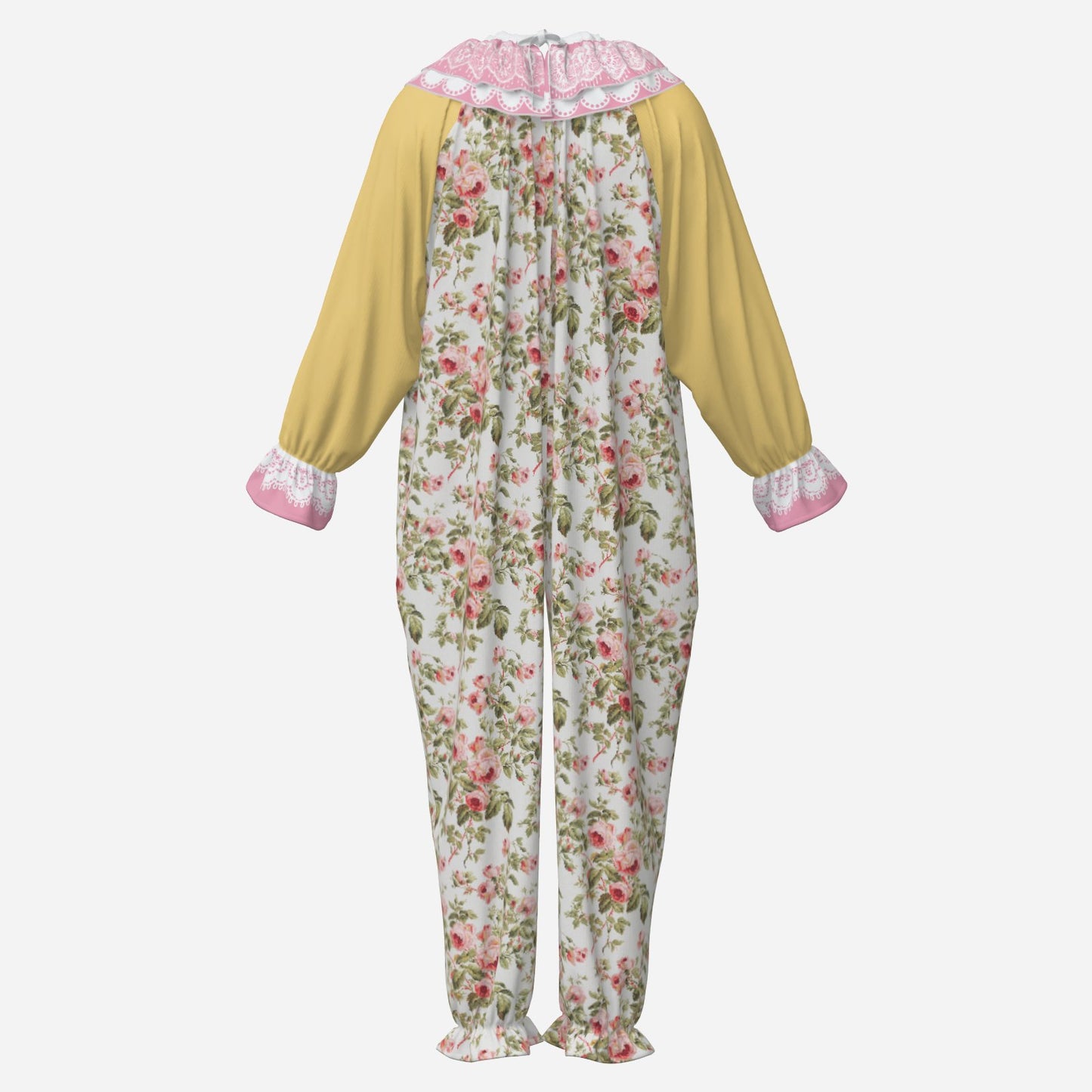 Circus Coveralls Grandma Rosy Pastel Pink Yellow Floral clown suit, ghost mannequin back view