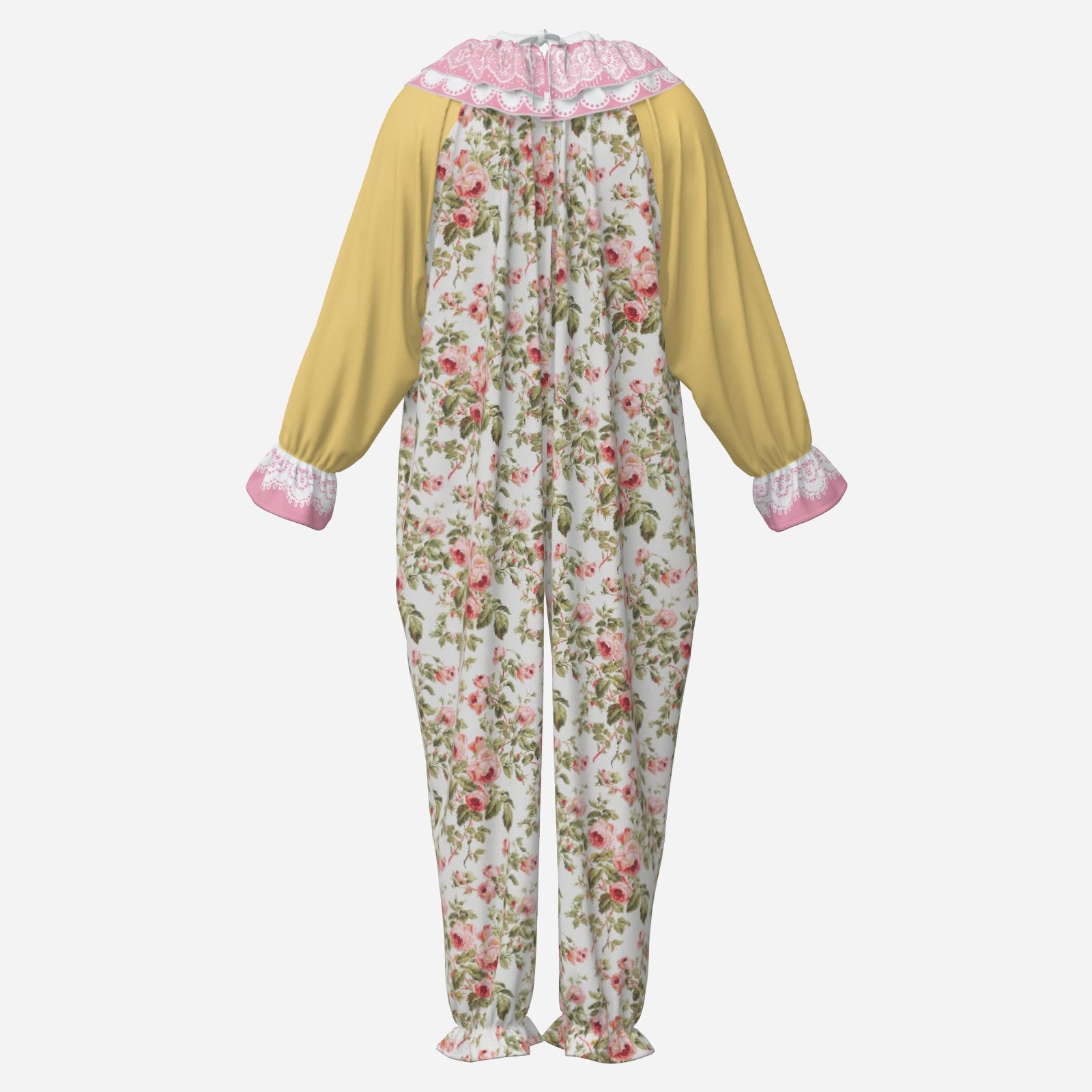 Circus Coveralls Grandma Rosy Pastel Pink Yellow Floral clown suit, ghost mannequin back view