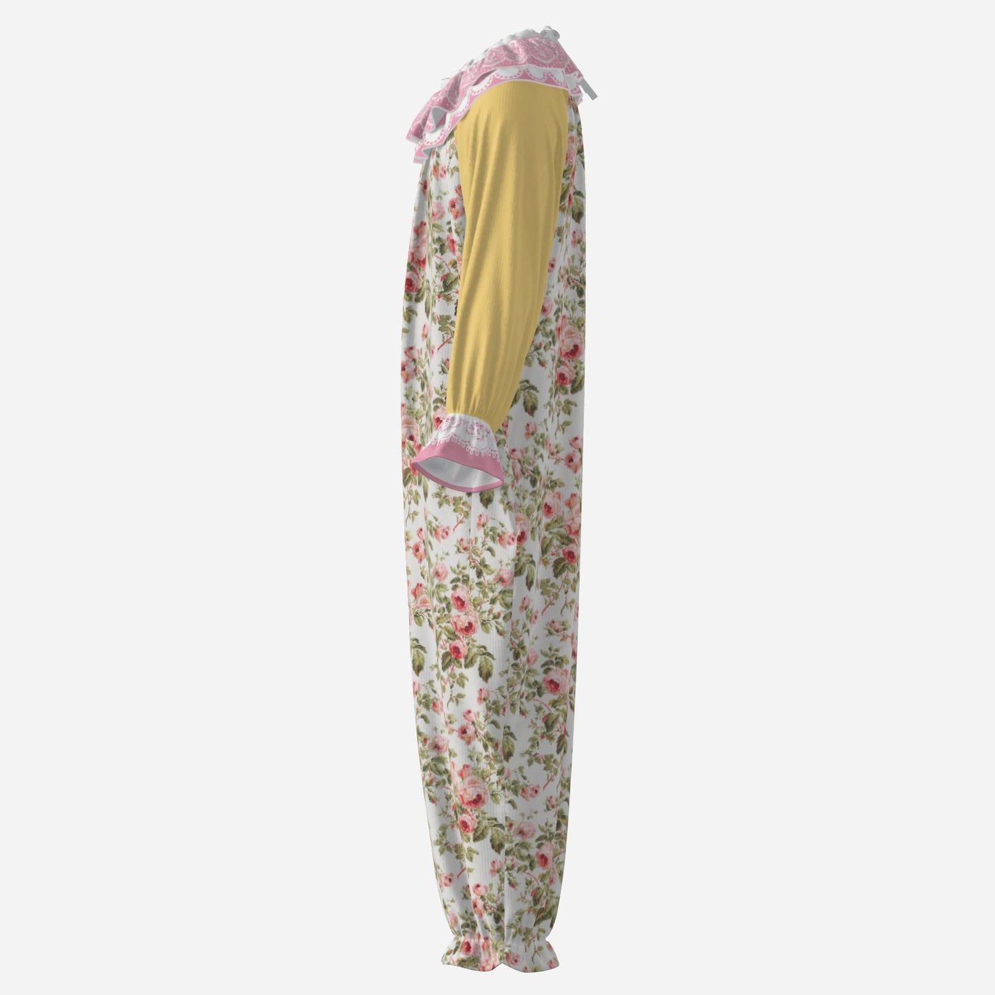 Circus Coveralls Grandma Rosy Pastel Pink Yellow Floral clown suit, side view