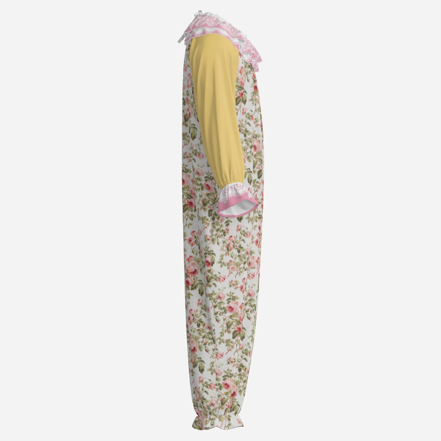 Circus Coveralls Grandma Rosy Pastel Pink Yellow Floral clown suit, side view