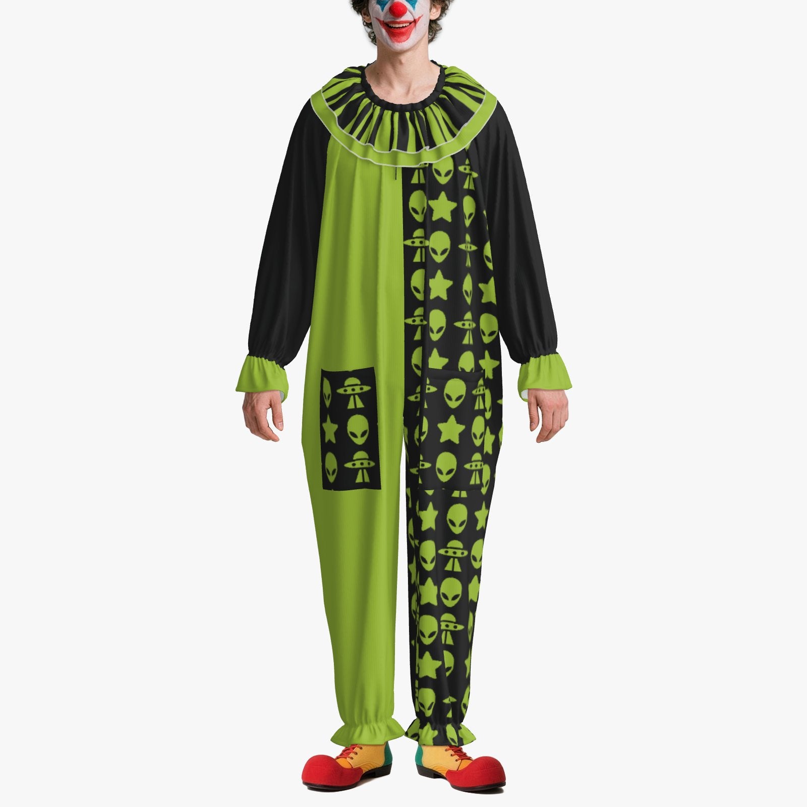 Circus Coveralls Alien Star Ship Green Black clown suit, on-model view