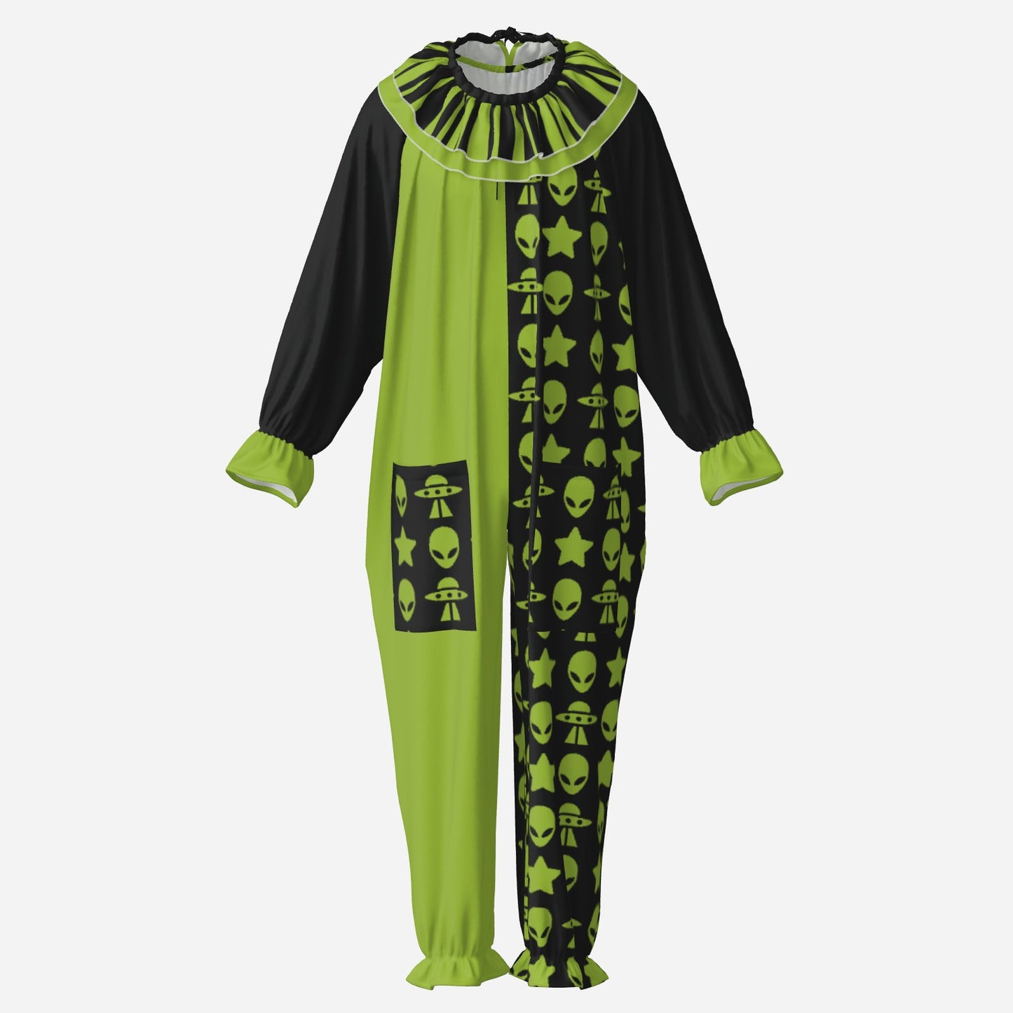 Circus Coveralls Alien Star Ship Green Black clown suit, ghost mannequin front view