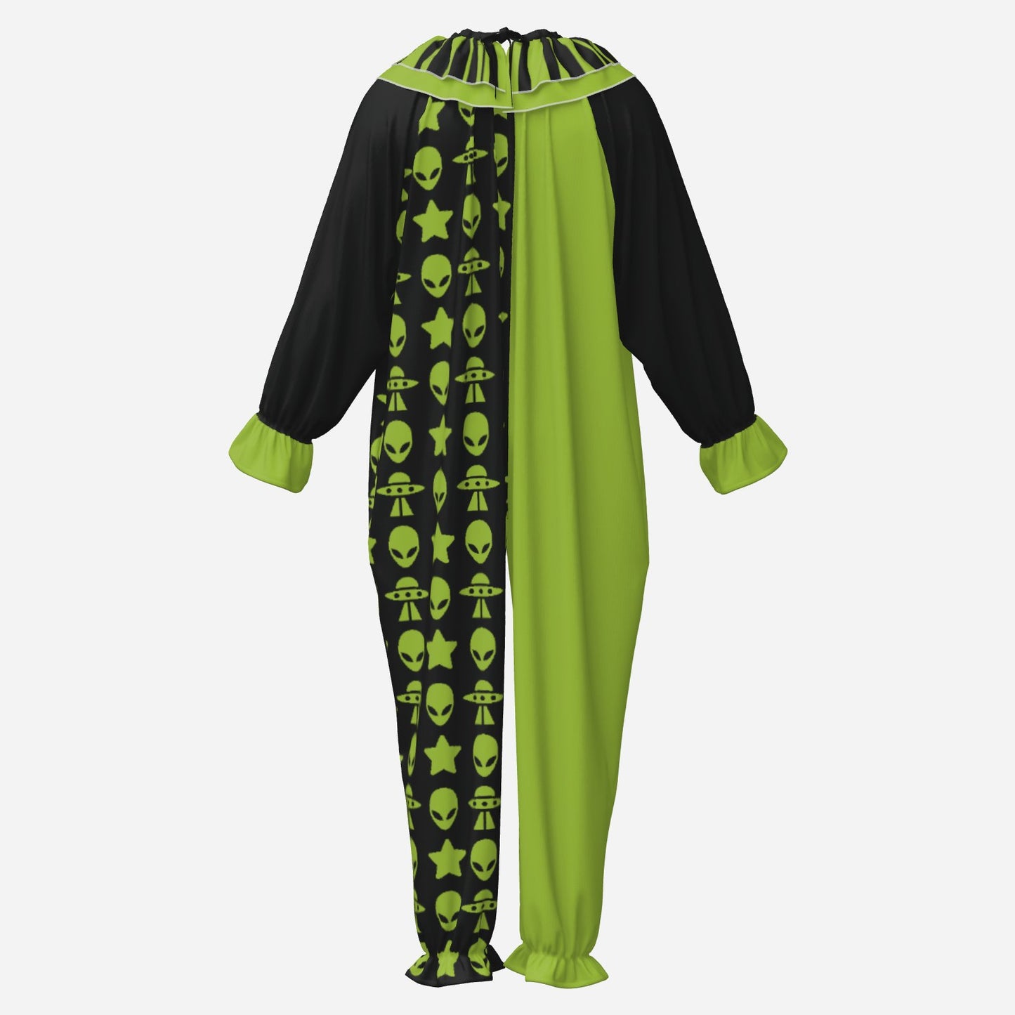Circus Coveralls Alien Star Ship Green Black clown suit, ghost mannequin back view