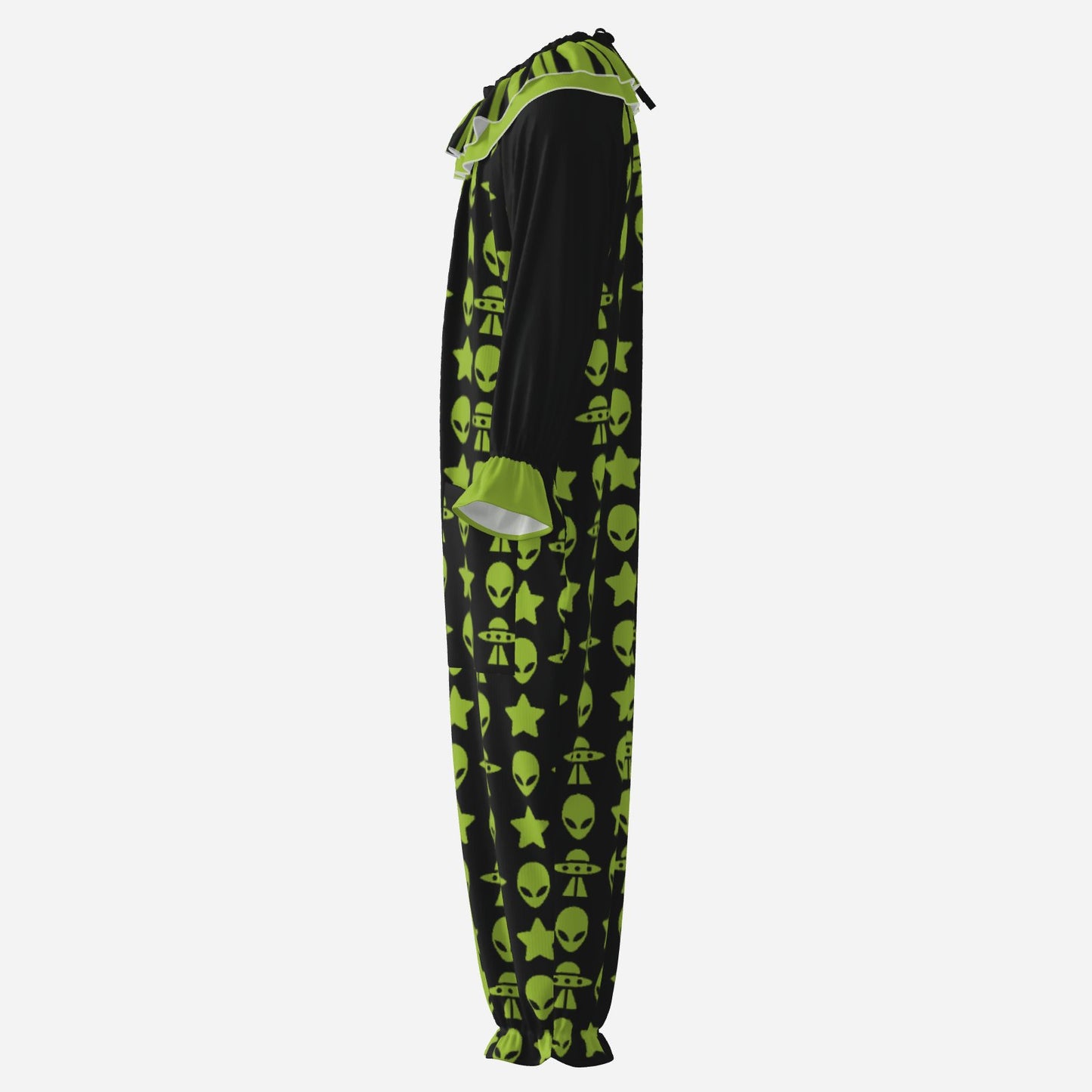 Circus Coveralls Alien Star Ship Green Black clown suit, side view