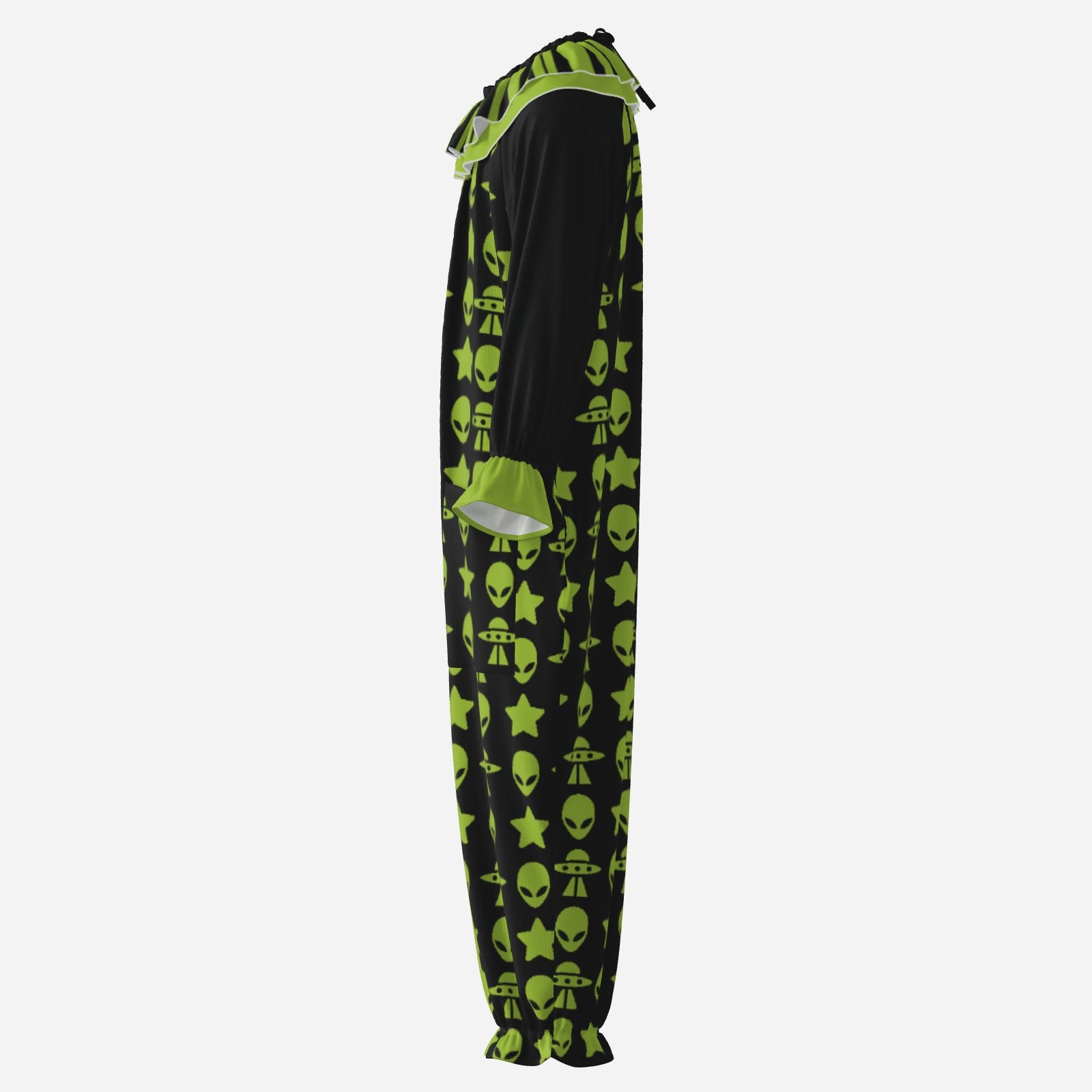 Circus Coveralls Alien Star Ship Green Black clown suit, side view