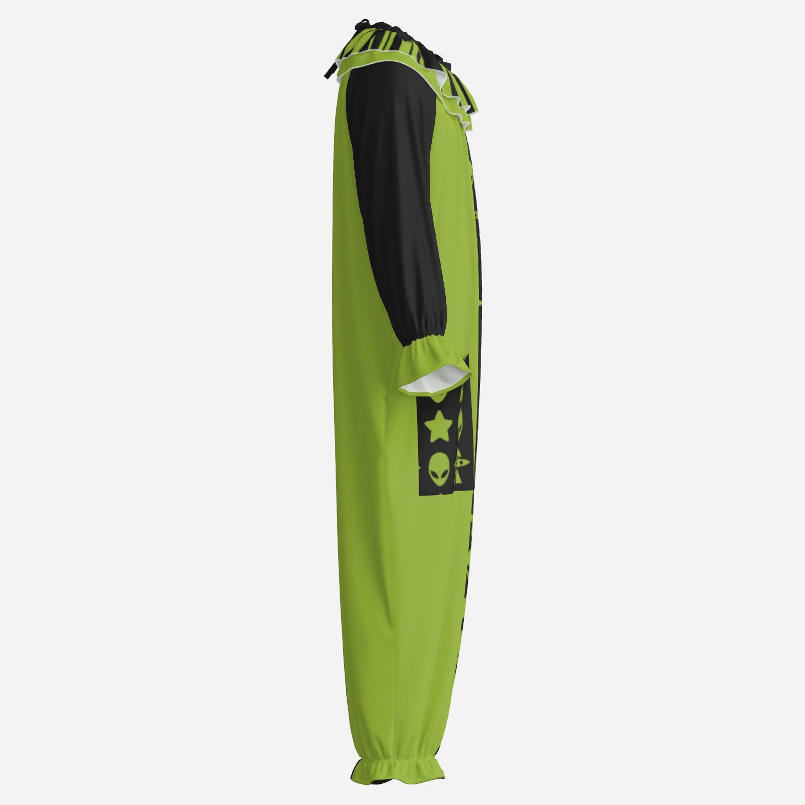 Circus Coveralls Alien Star Ship Green Black clown suit, side view