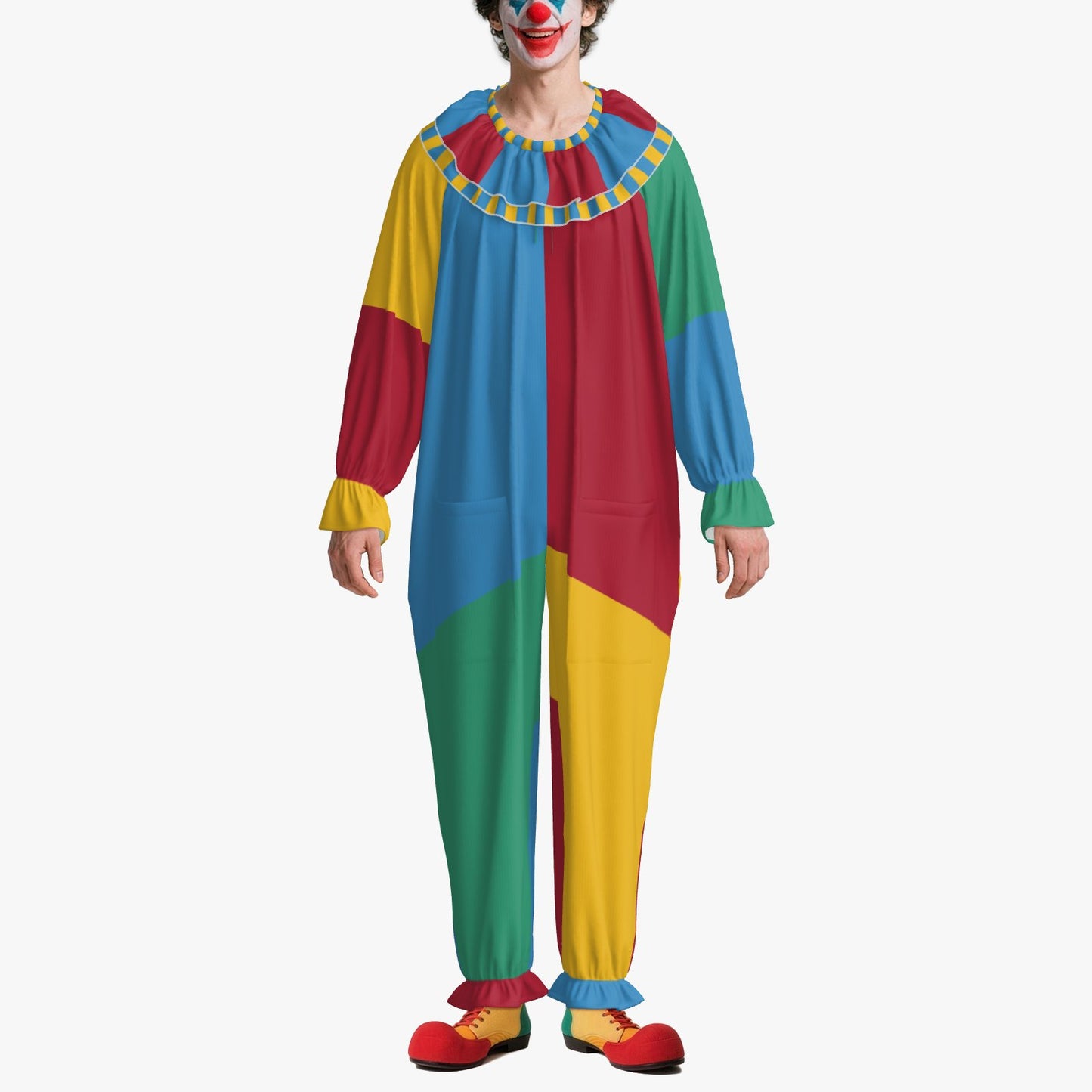 Circus Coveralls Motley Colorblock Jester clown suit, on-model view