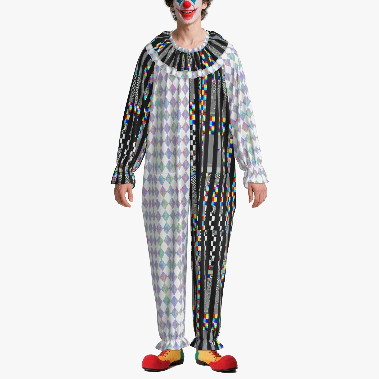 Circus Coveralls Glitch Stripe Holo Harlequin Jester clown suit, on-model view