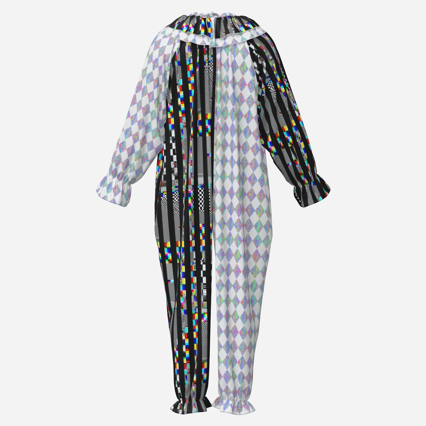 Circus Coveralls Glitch Stripe Holo Harlequin Jester clown suit, ghost mannequin back view