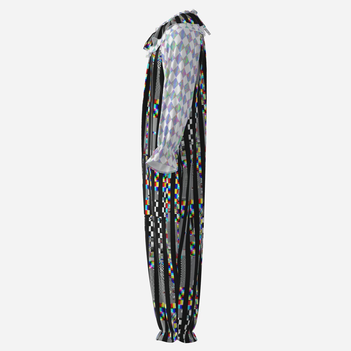 Circus Coveralls Glitch Stripe Holo Harlequin Jester clown suit, side view