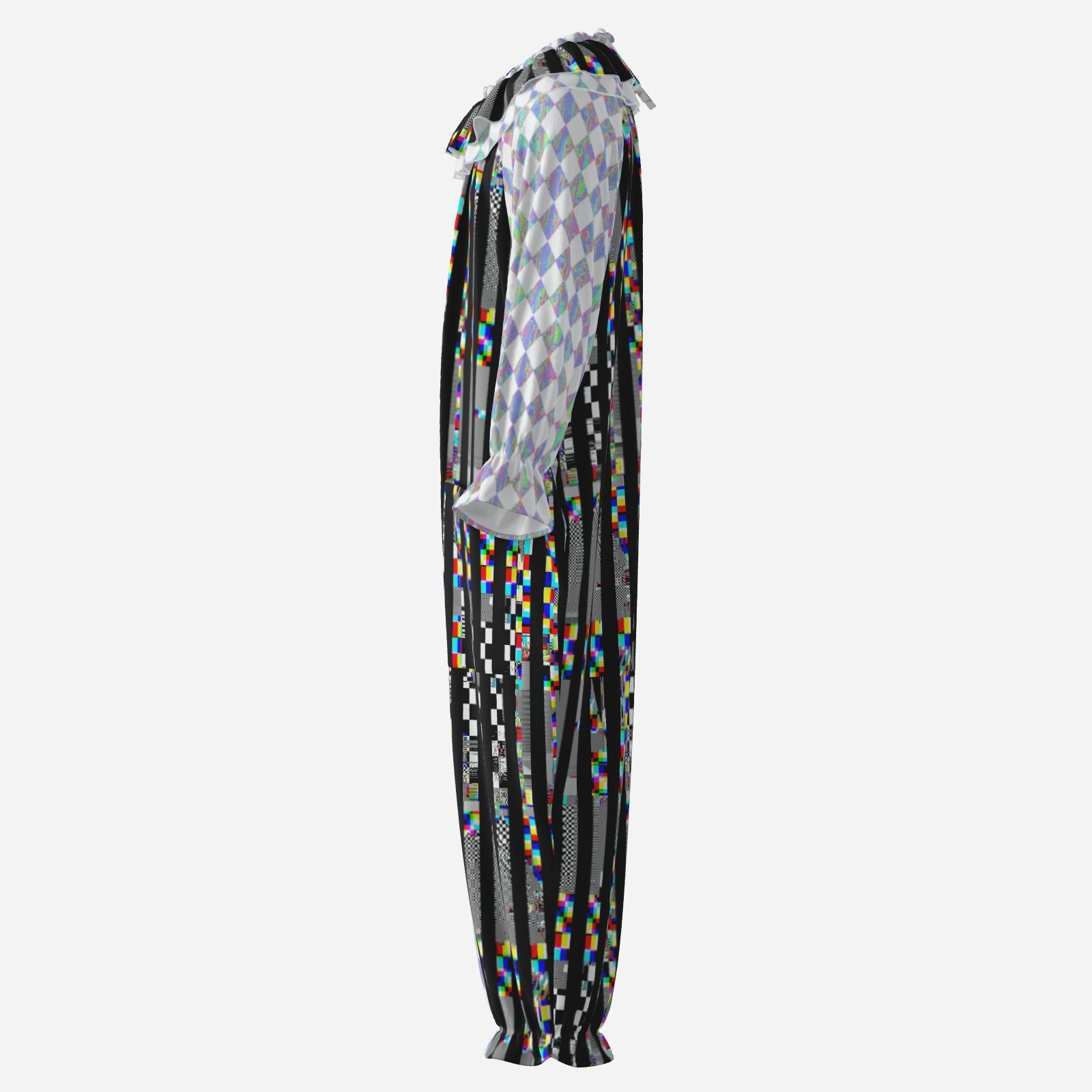 Circus Coveralls Glitch Stripe Holo Harlequin Jester clown suit, side view