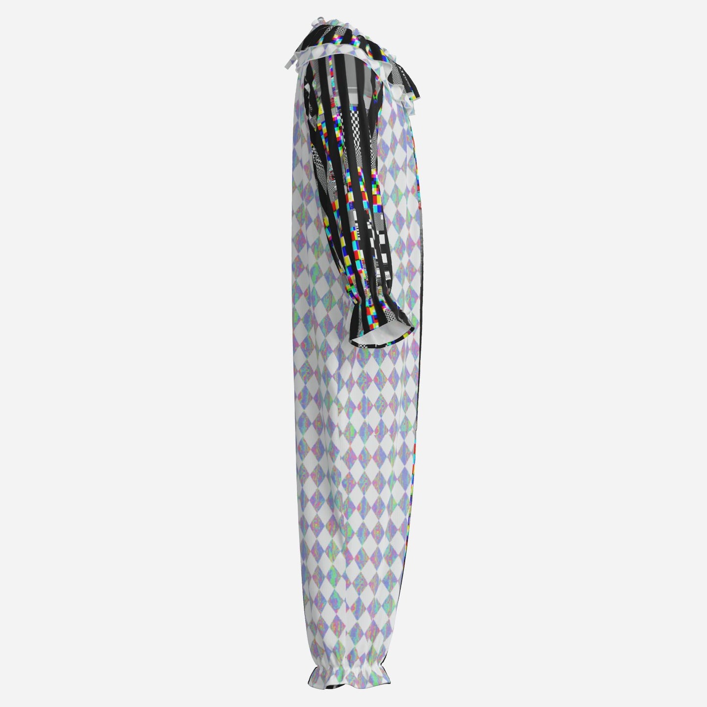 Circus Coveralls Glitch Stripe Holo Harlequin Jester clown suit, side view