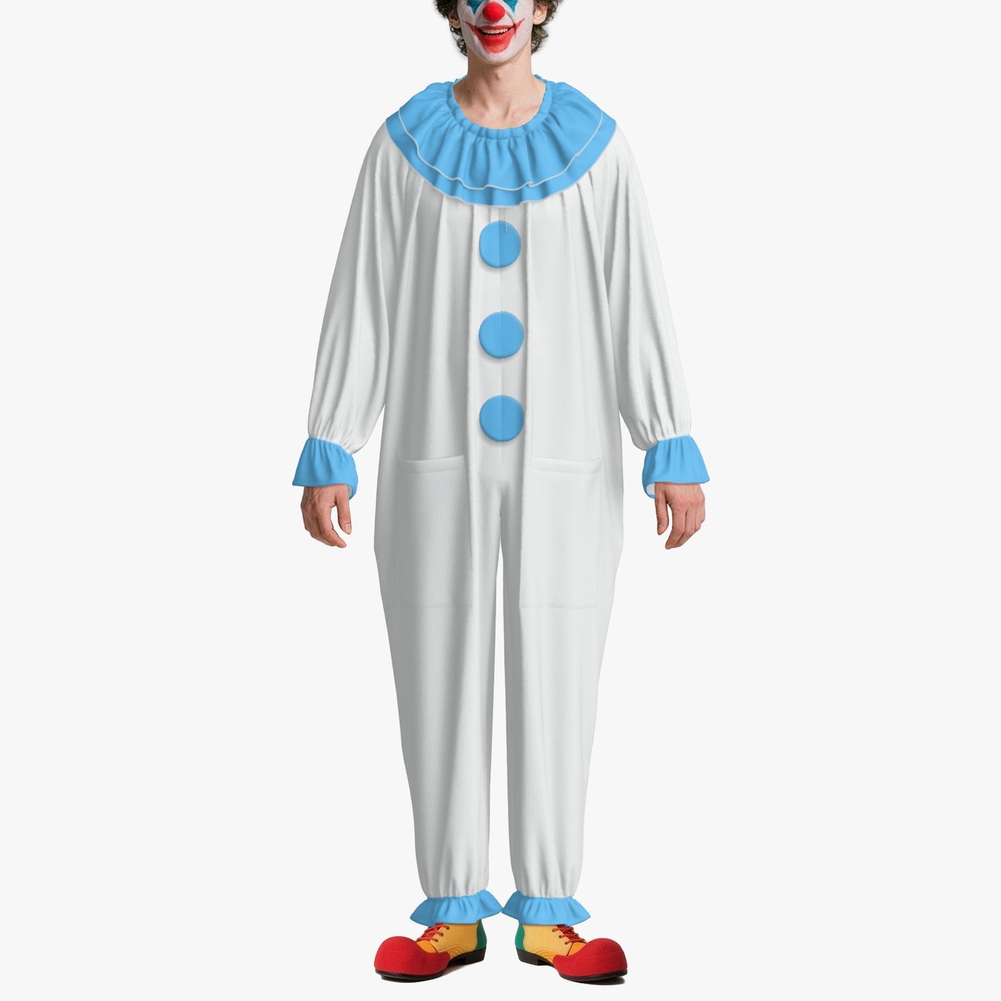 Circus Coveralls White Pierrot Baby Blue clown suit, on-model view