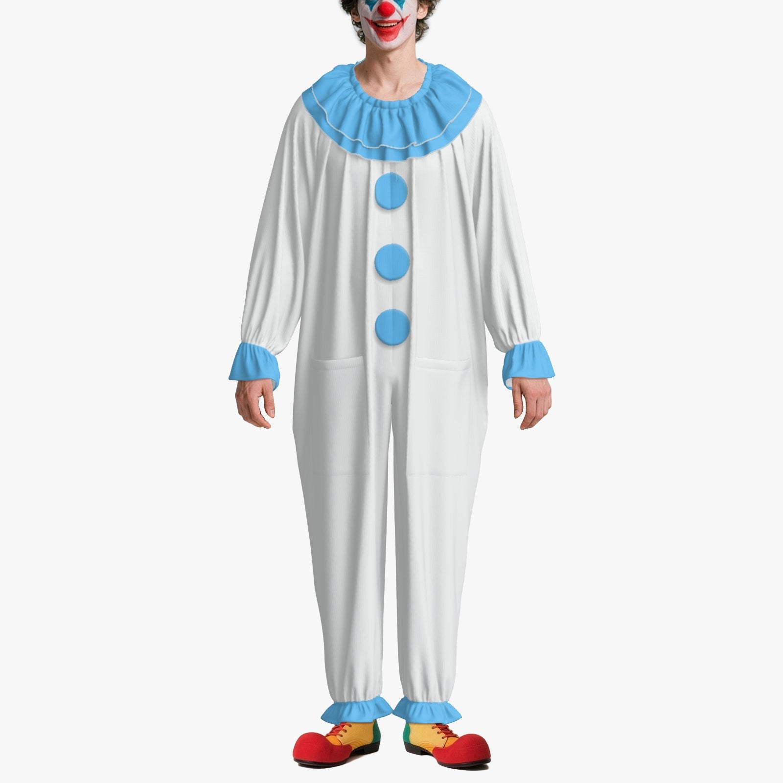 Circus Coveralls White Pierrot Baby Blue clown suit, on-model view